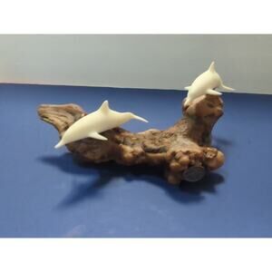 Vintage John Perry 9 In Dolphin Sculpture with Burlwood Base Collectible Figures